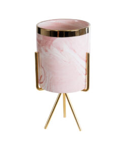 GloboStar® Artificial Garden COLORADO 20566 Διακοσμητικό Κεραμικό Κασπώ Γλάστρα – Flower Pot Ροζ με Χρυσή Μεταλλική Βάση και Λευκές Λεπτομέρειες Φ8 x Υ17cm