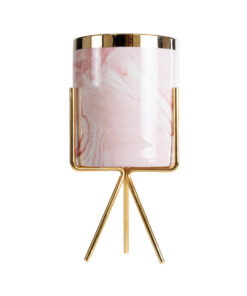 GloboStar® Artificial Garden COLORADO 20566 Διακοσμητικό Κεραμικό Κασπώ Γλάστρα – Flower Pot Ροζ με Χρυσή Μεταλλική Βάση και Λευκές Λεπτομέρειες Φ8 x Υ17cm