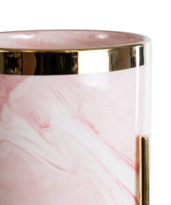 GloboStar® Artificial Garden COLORADO 20566 Διακοσμητικό Κεραμικό Κασπώ Γλάστρα – Flower Pot Ροζ με Χρυσή Μεταλλική Βάση και Λευκές Λεπτομέρειες Φ8 x Υ17cm