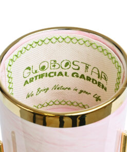 GloboStar® Artificial Garden COLORADO 20566 Διακοσμητικό Κεραμικό Κασπώ Γλάστρα – Flower Pot Ροζ με Χρυσή Μεταλλική Βάση και Λευκές Λεπτομέρειες Φ8 x Υ17cm
