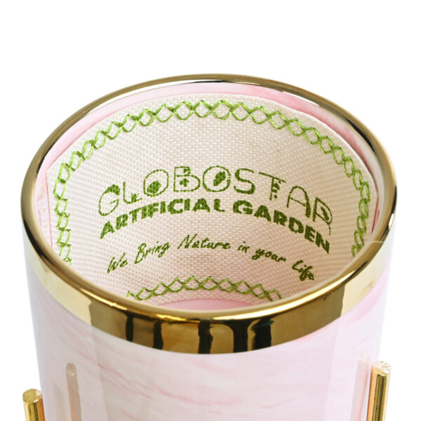 GloboStar® Artificial Garden COLORADO 20566 Διακοσμητικό Κεραμικό Κασπώ Γλάστρα – Flower Pot Ροζ με Χρυσή Μεταλλική Βάση και Λευκές Λεπτομέρειες Φ8 x Υ17cm