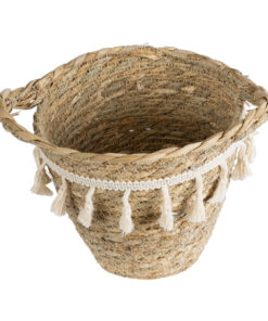 GloboStar® Artificial Garden SANTORINI 20572 Διακοσμητικό Πλεκτό Κασπώ Γλάστρα – Flower Pot Μπεζ με Λευκό Φ17 x Υ16cm