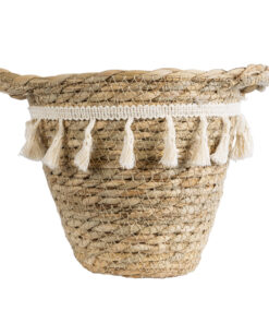 GloboStar® Artificial Garden SANTORINI 20572 Διακοσμητικό Πλεκτό Κασπώ Γλάστρα – Flower Pot Μπεζ με Λευκό Φ17 x Υ16cm