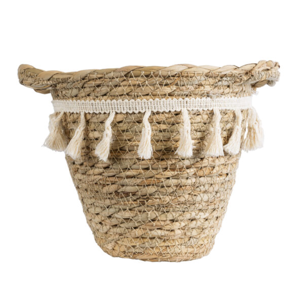GloboStar® Artificial Garden SANTORINI 20572 Διακοσμητικό Πλεκτό Κασπώ Γλάστρα – Flower Pot Μπεζ με Λευκό Φ17 x Υ16cm