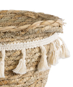 GloboStar® Artificial Garden SANTORINI 20572 Διακοσμητικό Πλεκτό Κασπώ Γλάστρα – Flower Pot Μπεζ με Λευκό Φ17 x Υ16cm