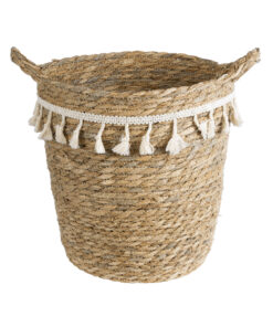 GloboStar® Artificial Garden SANTORINI 20573 Διακοσμητικό Πλεκτό Κασπώ Γλάστρα – Flower Pot Μπεζ με Λευκό Φ26 x Υ28cm