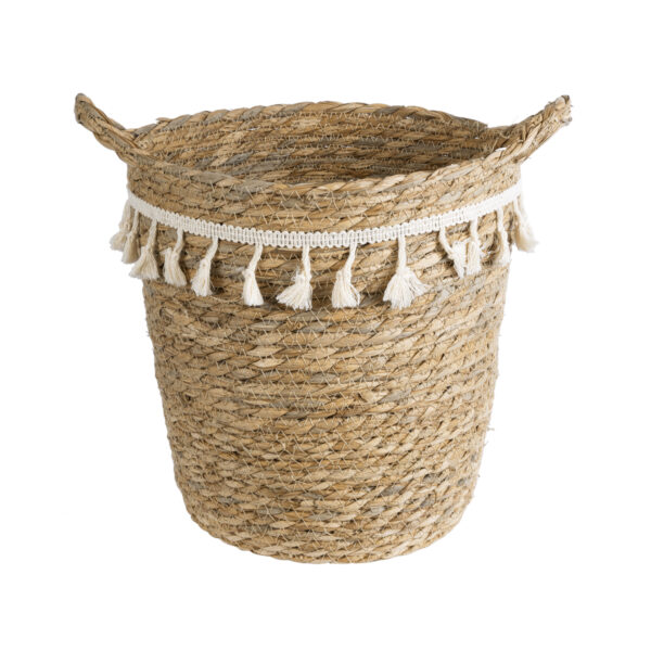 GloboStar® Artificial Garden SANTORINI 20573 Διακοσμητικό Πλεκτό Κασπώ Γλάστρα – Flower Pot Μπεζ με Λευκό Φ26 x Υ28cm