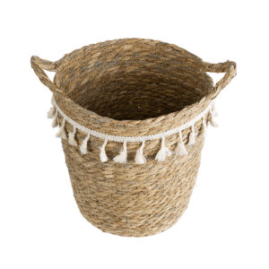GloboStar® Artificial Garden SANTORINI 20573 Διακοσμητικό Πλεκτό Κασπώ Γλάστρα – Flower Pot Μπεζ με Λευκό Φ26 x Υ28cm