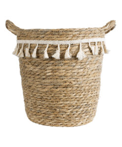 GloboStar® Artificial Garden SANTORINI 20573 Διακοσμητικό Πλεκτό Κασπώ Γλάστρα – Flower Pot Μπεζ με Λευκό Φ26 x Υ28cm