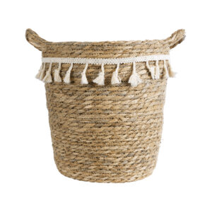 GloboStar® Artificial Garden SANTORINI 20573 Διακοσμητικό Πλεκτό Κασπώ Γλάστρα – Flower Pot Μπεζ με Λευκό Φ26 x Υ28cm