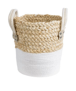 GloboStar® Artificial Garden NEVADA 20575 Διακοσμητικό Πλεκτό Κασπώ Γλάστρα – Flower Pot Μπεζ με Λευκό Φ23 x Υ23cm