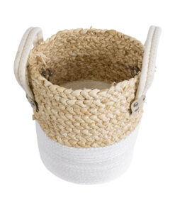 GloboStar® Artificial Garden NEVADA 20575 Διακοσμητικό Πλεκτό Κασπώ Γλάστρα – Flower Pot Μπεζ με Λευκό Φ23 x Υ23cm