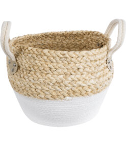 GloboStar® Artificial Garden SANTORINI 20576 Διακοσμητικό Πλεκτό Κασπώ Γλάστρα – Flower Pot Μπεζ με Λευκό Φ28 x Υ24cm