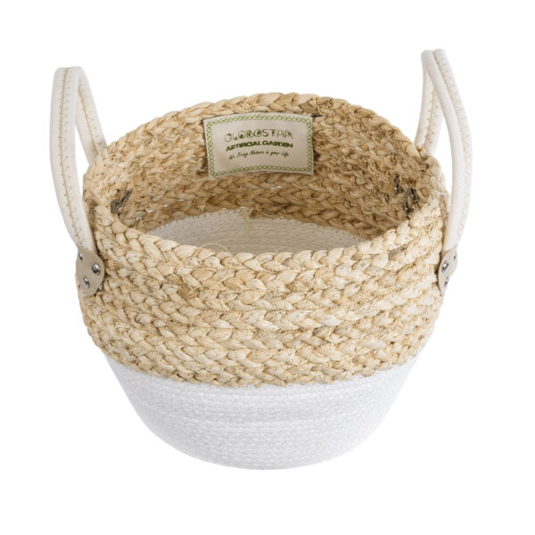 GloboStar® Artificial Garden SANTORINI 20576 Διακοσμητικό Πλεκτό Κασπώ Γλάστρα – Flower Pot Μπεζ με Λευκό Φ28 x Υ24cm