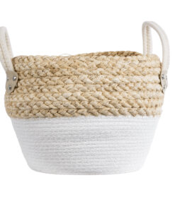 GloboStar® Artificial Garden SANTORINI 20576 Διακοσμητικό Πλεκτό Κασπώ Γλάστρα – Flower Pot Μπεζ με Λευκό Φ28 x Υ24cm