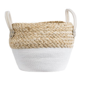GloboStar® Artificial Garden SANTORINI 20576 Διακοσμητικό Πλεκτό Κασπώ Γλάστρα – Flower Pot Μπεζ με Λευκό Φ28 x Υ24cm