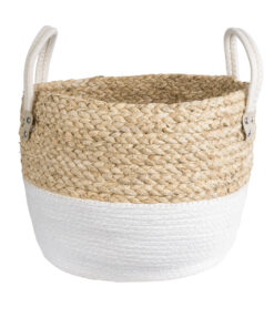 GloboStar® Artificial Garden NEVADA 20577 Διακοσμητικό Πλεκτό Κασπώ Γλάστρα – Flower Pot Μπεζ με Λευκό Φ33 x Υ28cm