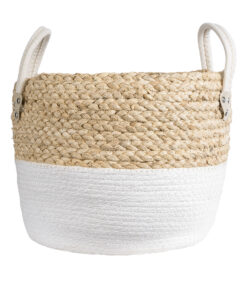 GloboStar® Artificial Garden NEVADA 20577 Διακοσμητικό Πλεκτό Κασπώ Γλάστρα – Flower Pot Μπεζ με Λευκό Φ33 x Υ28cm
