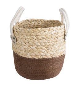 GloboStar® Artificial Garden CAROLINA 20578 Διακοσμητικό Πλεκτό Κασπώ Γλάστρα – Flower Pot Μπεζ με Καφέ και Λευκό Φ23 x Υ23cm