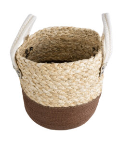 GloboStar® Artificial Garden CAROLINA 20578 Διακοσμητικό Πλεκτό Κασπώ Γλάστρα – Flower Pot Μπεζ με Καφέ και Λευκό Φ23 x Υ23cm