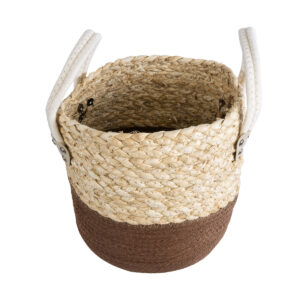 GloboStar® Artificial Garden CAROLINA 20578 Διακοσμητικό Πλεκτό Κασπώ Γλάστρα – Flower Pot Μπεζ με Καφέ και Λευκό Φ23 x Υ23cm