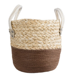 GloboStar® Artificial Garden CAROLINA 20578 Διακοσμητικό Πλεκτό Κασπώ Γλάστρα – Flower Pot Μπεζ με Καφέ και Λευκό Φ23 x Υ23cm