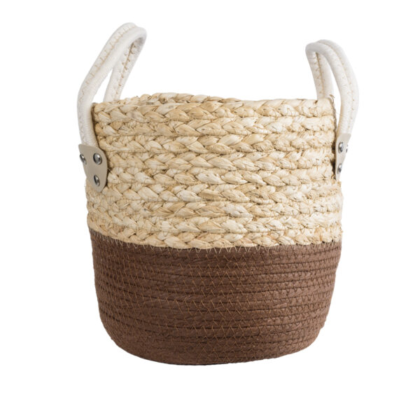 GloboStar® Artificial Garden CAROLINA 20578 Διακοσμητικό Πλεκτό Κασπώ Γλάστρα – Flower Pot Μπεζ με Καφέ και Λευκό Φ23 x Υ23cm