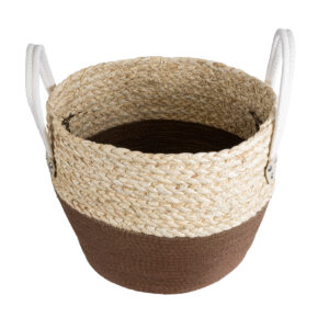 GloboStar® Artificial Garden CAROLINA 20580 Διακοσμητικό Πλεκτό Κασπώ Γλάστρα – Flower Pot Μπεζ με Καφέ και Λευκό Φ33 x Υ28cm