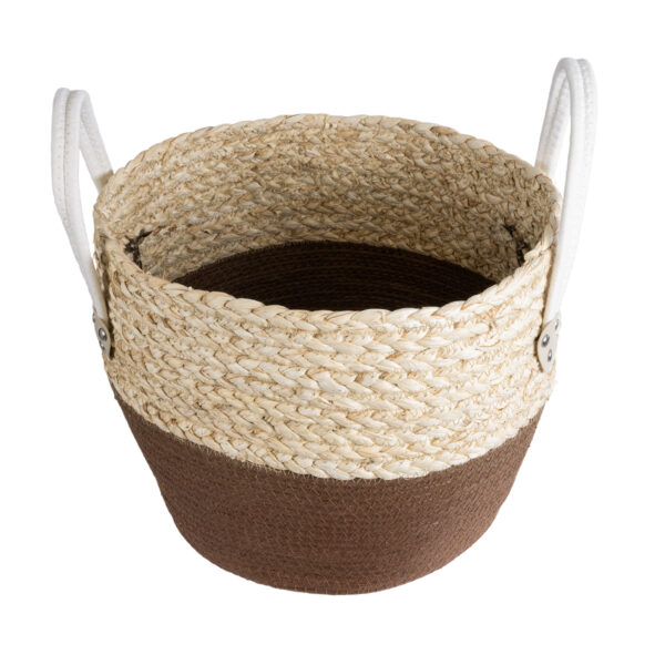 GloboStar® Artificial Garden CAROLINA 20580 Διακοσμητικό Πλεκτό Κασπώ Γλάστρα – Flower Pot Μπεζ με Καφέ και Λευκό Φ33 x Υ28cm