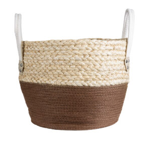 GloboStar® Artificial Garden CAROLINA 20580 Διακοσμητικό Πλεκτό Κασπώ Γλάστρα – Flower Pot Μπεζ με Καφέ και Λευκό Φ33 x Υ28cm