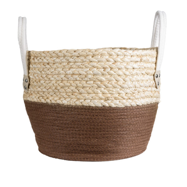 GloboStar® Artificial Garden CAROLINA 20580 Διακοσμητικό Πλεκτό Κασπώ Γλάστρα – Flower Pot Μπεζ με Καφέ και Λευκό Φ33 x Υ28cm