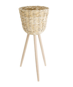 GloboStar® Artificial Garden LIMNOS 20582 Διακοσμητικό Πλεκτό Κασπώ Γλάστρα – Flower Pot Μπεζ με Μπεζ Ξύλο Φ26 x Υ66cm