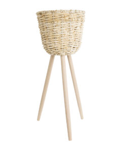 GloboStar® Artificial Garden LIMNOS 20582 Διακοσμητικό Πλεκτό Κασπώ Γλάστρα – Flower Pot Μπεζ με Μπεζ Ξύλο Φ26 x Υ66cm