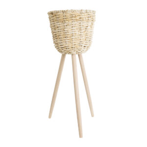 GloboStar® Artificial Garden LIMNOS 20582 Διακοσμητικό Πλεκτό Κασπώ Γλάστρα – Flower Pot Μπεζ με Μπεζ Ξύλο Φ26 x Υ66cm
