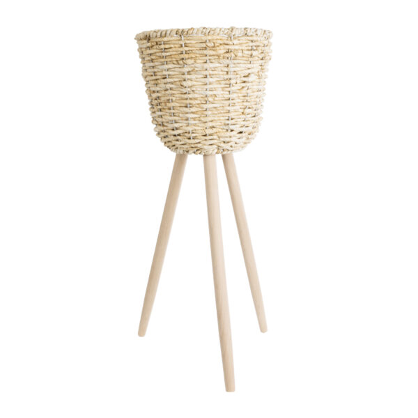 GloboStar® Artificial Garden LIMNOS 20582 Διακοσμητικό Πλεκτό Κασπώ Γλάστρα – Flower Pot Μπεζ με Μπεζ Ξύλο Φ26 x Υ66cm