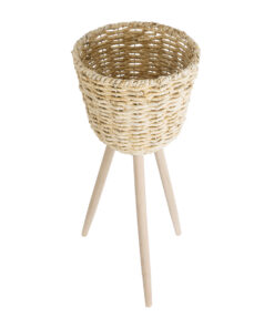 GloboStar® Artificial Garden LIMNOS 20582 Διακοσμητικό Πλεκτό Κασπώ Γλάστρα – Flower Pot Μπεζ με Μπεζ Ξύλο Φ26 x Υ66cm