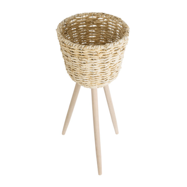 GloboStar® Artificial Garden LIMNOS 20582 Διακοσμητικό Πλεκτό Κασπώ Γλάστρα – Flower Pot Μπεζ με Μπεζ Ξύλο Φ26 x Υ66cm