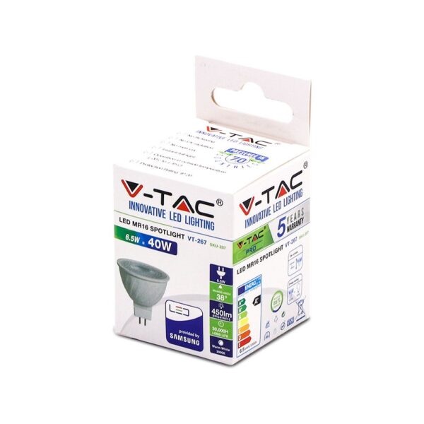 LED Spot Λάμπα 12V MR16 6.5W V-TAC PRO Samsung Chip 38° 450lm Φυσικό Λευκό 4000K – 208