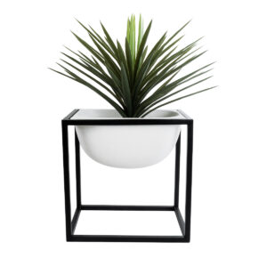 GloboStar® Artificial Garden FIORI 20754 Επιδαπέδιο Μεταλλικό Τσιμεντένιο Κασπώ Γλάστρα – Flower Pot Λευκό με Μαύρο Μ60 x Π40 x Υ60cm