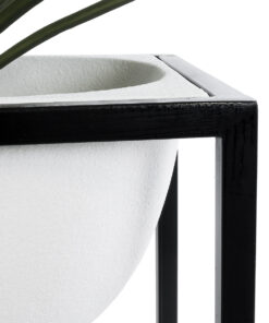 GloboStar® Artificial Garden FIORI 20754 Επιδαπέδιο Μεταλλικό Τσιμεντένιο Κασπώ Γλάστρα – Flower Pot Λευκό με Μαύρο Μ60 x Π40 x Υ60cm