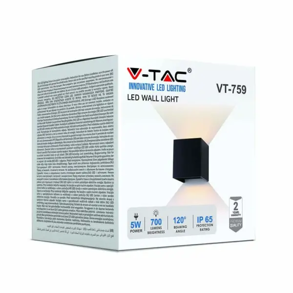 LED Φωτιστικό Τοίχου 5W Up-Down V-TAC Μαύρο Αδιάβροχο IP65  Φυσικό 4000K – 217087