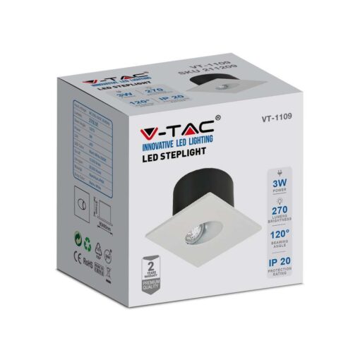 LED SPOT Χωνευτό για Σκαλοπάτια 3W V-TAC Λευκό Τετράγωνο Χωνευτό Θερμό  3000K – 211209
