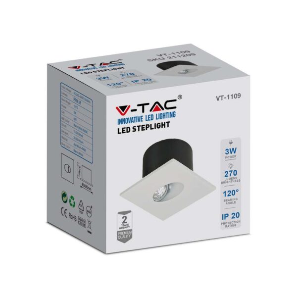 LED SPOT Χωνευτό για Σκαλοπάτια 3W V-TAC Λευκό Τετράγωνο Χωνευτό Θερμό  3000K – 211209