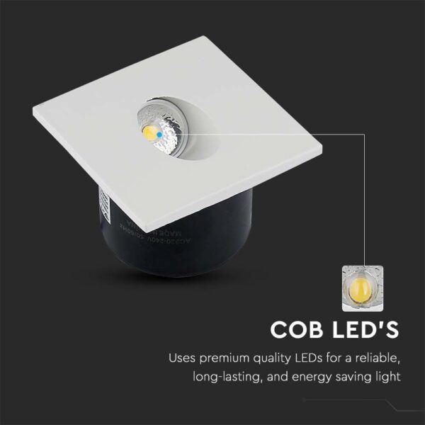LED SPOT Χωνευτό για Σκαλοπάτια 3W V-TAC Λευκό Τετράγωνο Χωνευτό Θερμό  3000K – 211209