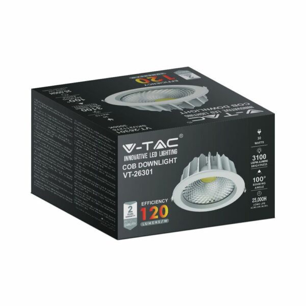 LED Φωτιστικό Οροφής COB  30W V-TAC Στρογγυλό Χωνευτό Θερμό 3000K – 211276