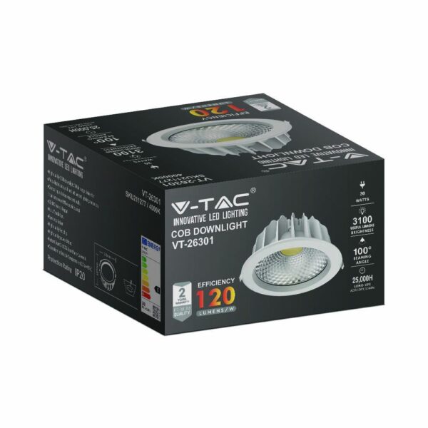 LED Φωτιστικό Οροφής COB  30W V-TAC Στρογγυλό Χωνευτό 3100lm Φυσικό  4000K – 211277