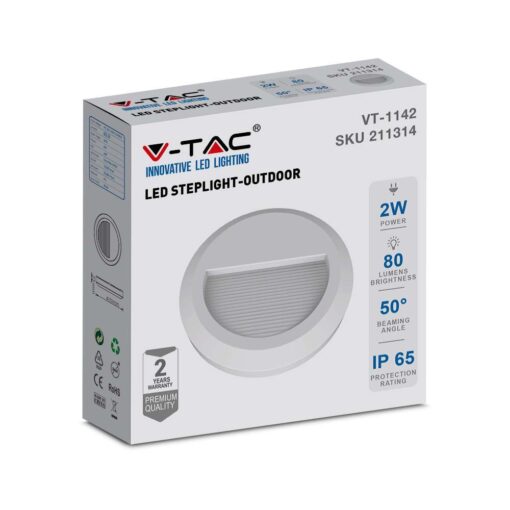 Επιτοίχιο Φωτιστικό LED για Σκαλοπάτια 2W V-TAC Λευκό Στρογγυλό Αδιάβροχο IP65 Φυσικό 4000K – 211314