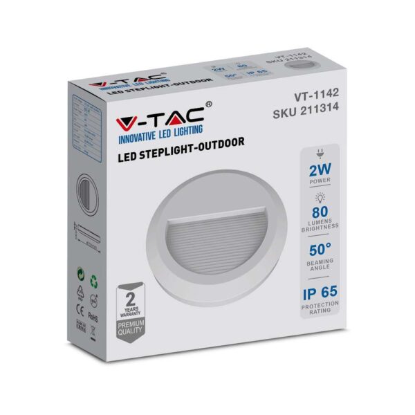 Επιτοίχιο Φωτιστικό LED για Σκαλοπάτια 2W V-TAC Λευκό Στρογγυλό Αδιάβροχο IP65 Φυσικό 4000K – 211314