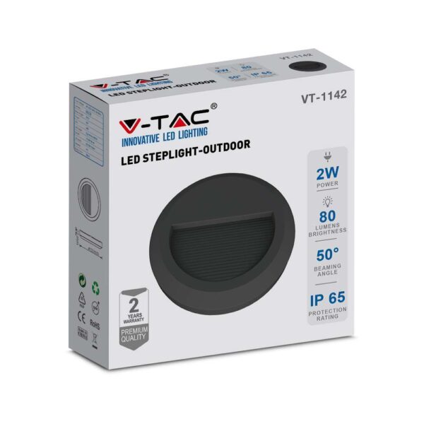 Επιτοίχιο Φωτιστικό LED για Σκαλοπάτια 2W V-TAC Μαύρο Στρογγυλό Αδιάβροχο IP65 Φυσικό 4000K – 211316