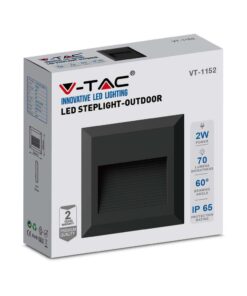 Επιτοίχιο Φωτιστικό LED για Σκαλοπάτια 2W V-TAC Μαύρο Τετράγωνο Αδιάβροχο IP65 Θερμό 3000K – 211323